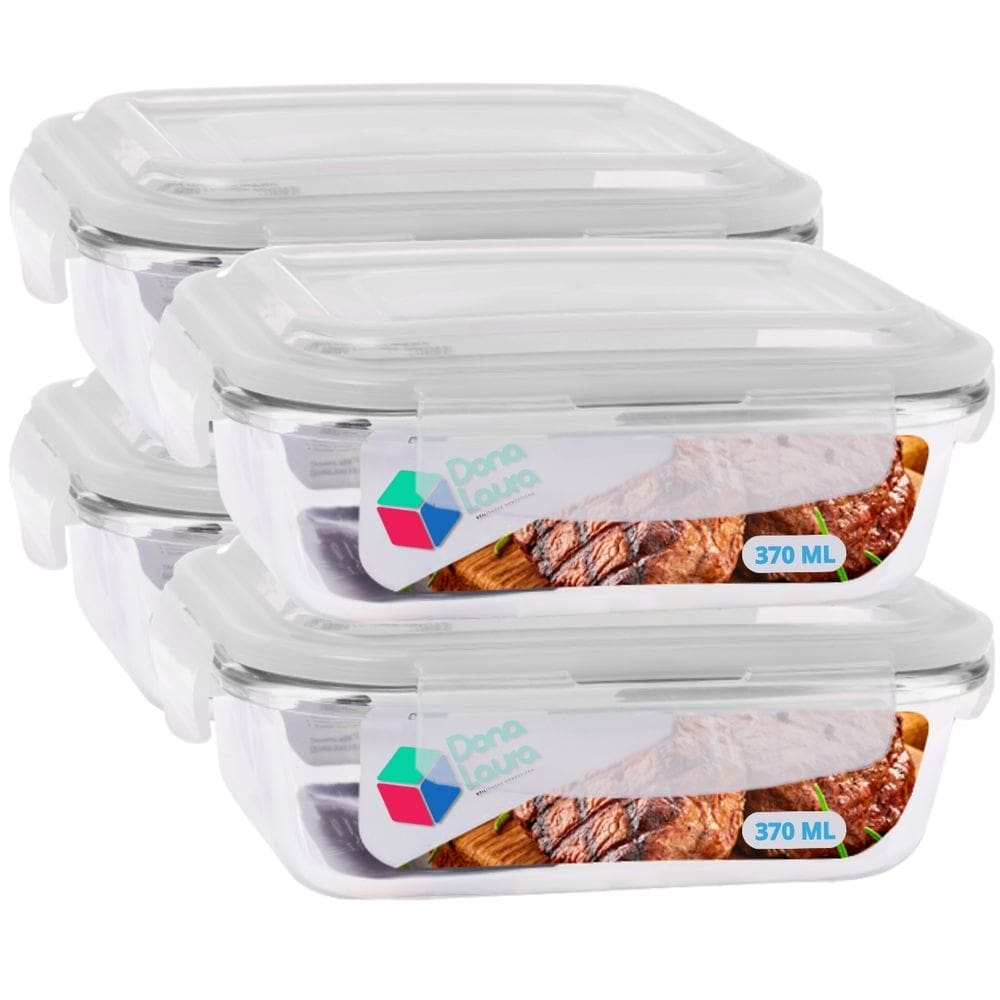Kit 4 Potes De Vidro Retangular 370ml Marmita Fitness Frutas