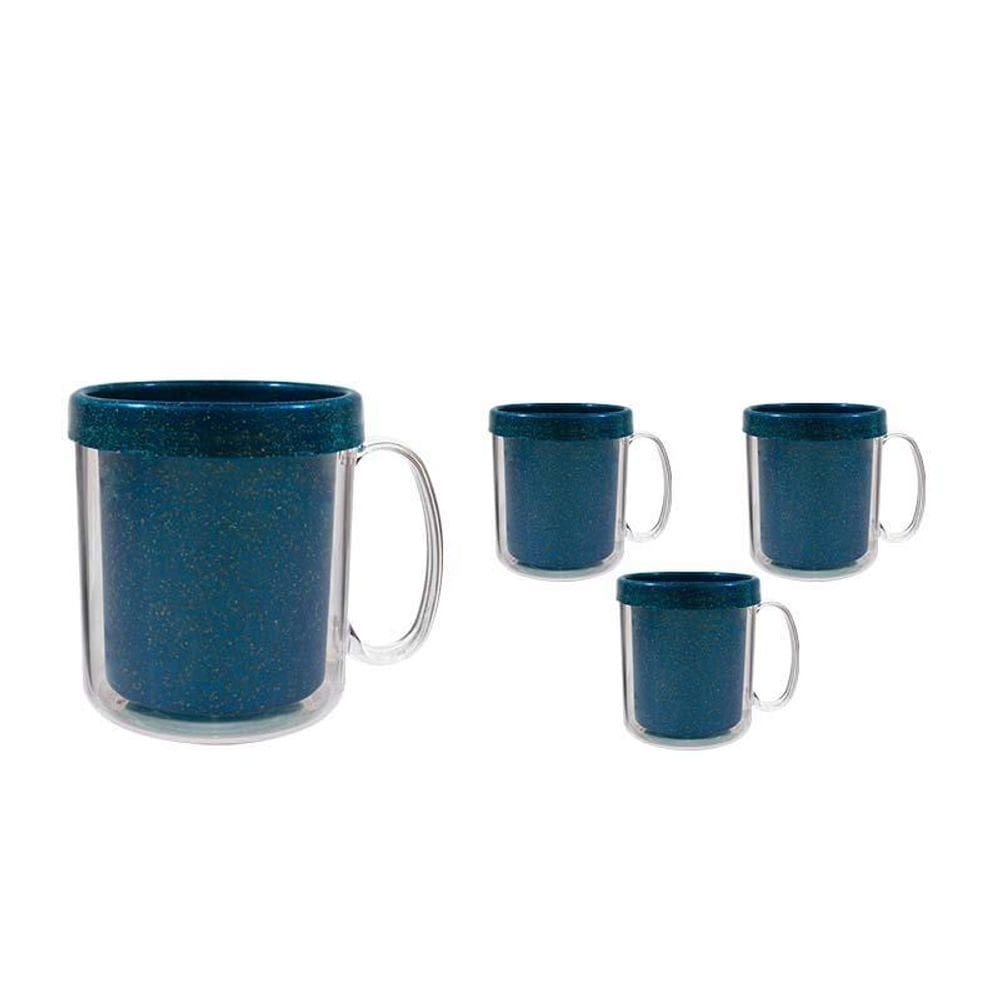 Kit 4 Canecas Térmica Cristal 300Ml Fibra Madeira Azul