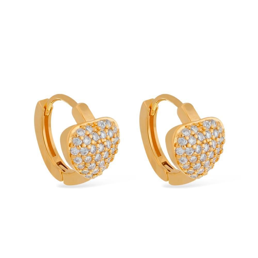 Brinco Dourado De Argolinha Com Coração Cravejado De Pedras