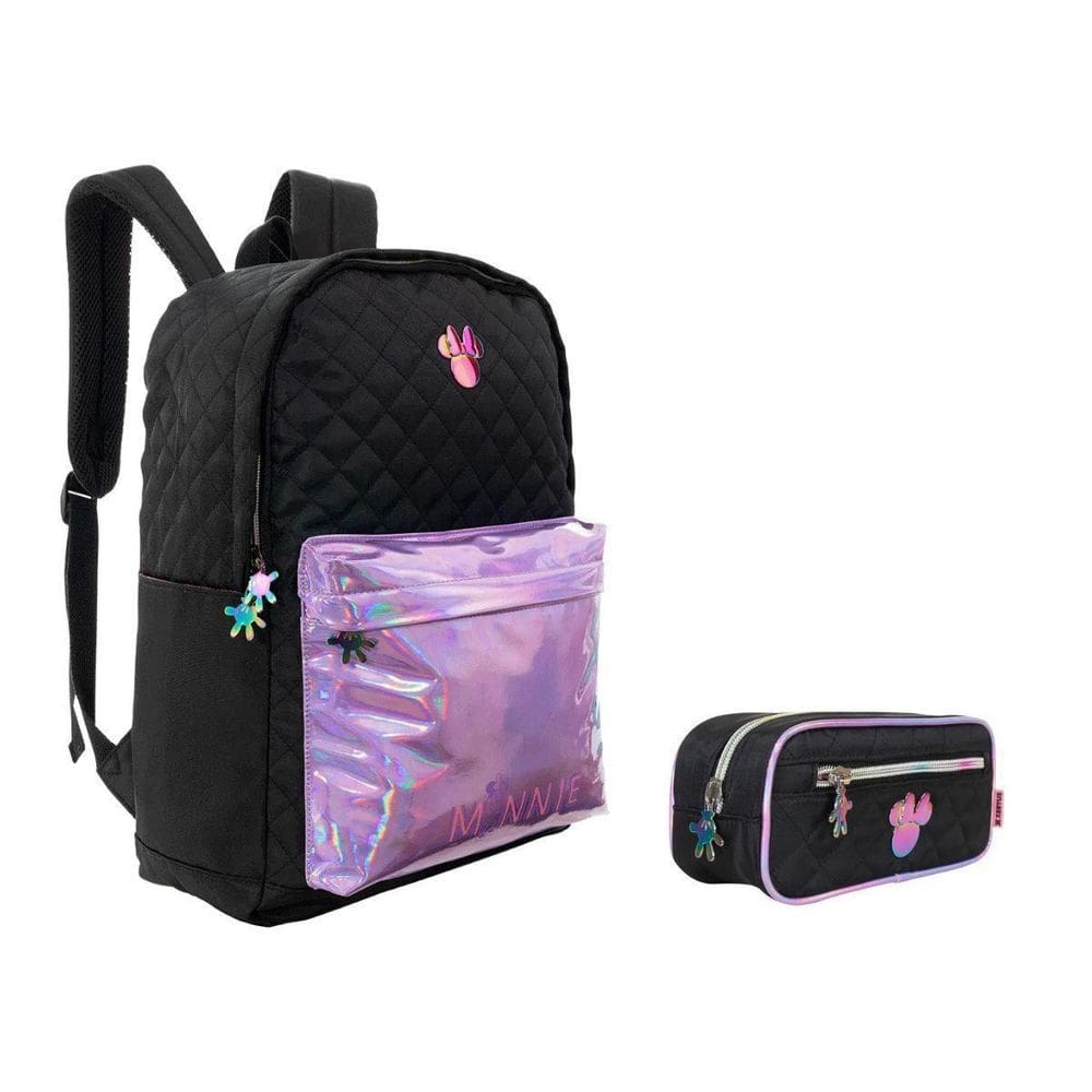 Kit Mochila E Estojo Minnie Holográfico Preto E Lilás Xeryus