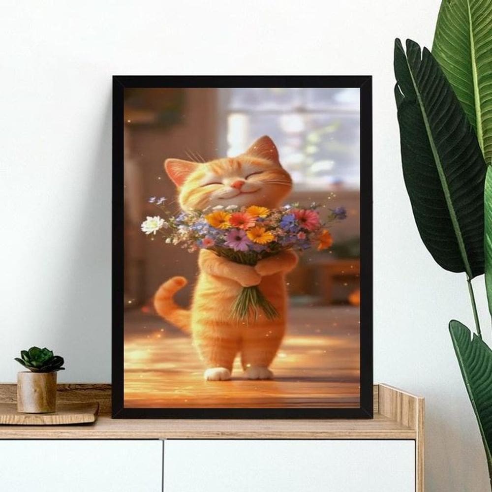 Quadro Gatinho Baby Com Buquê De Flores 24X18Cm