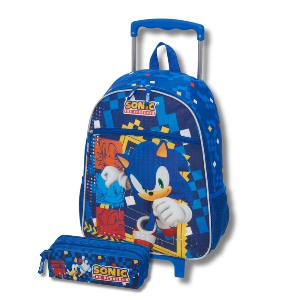 Kit Mochila Escolar Rodinhas Sonic Kids Estojo Duplo Meninos