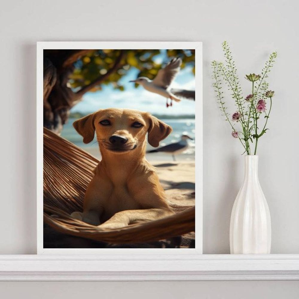 Quadro Decorativo Cachorro Caramelo Na Praia 45X34Cm