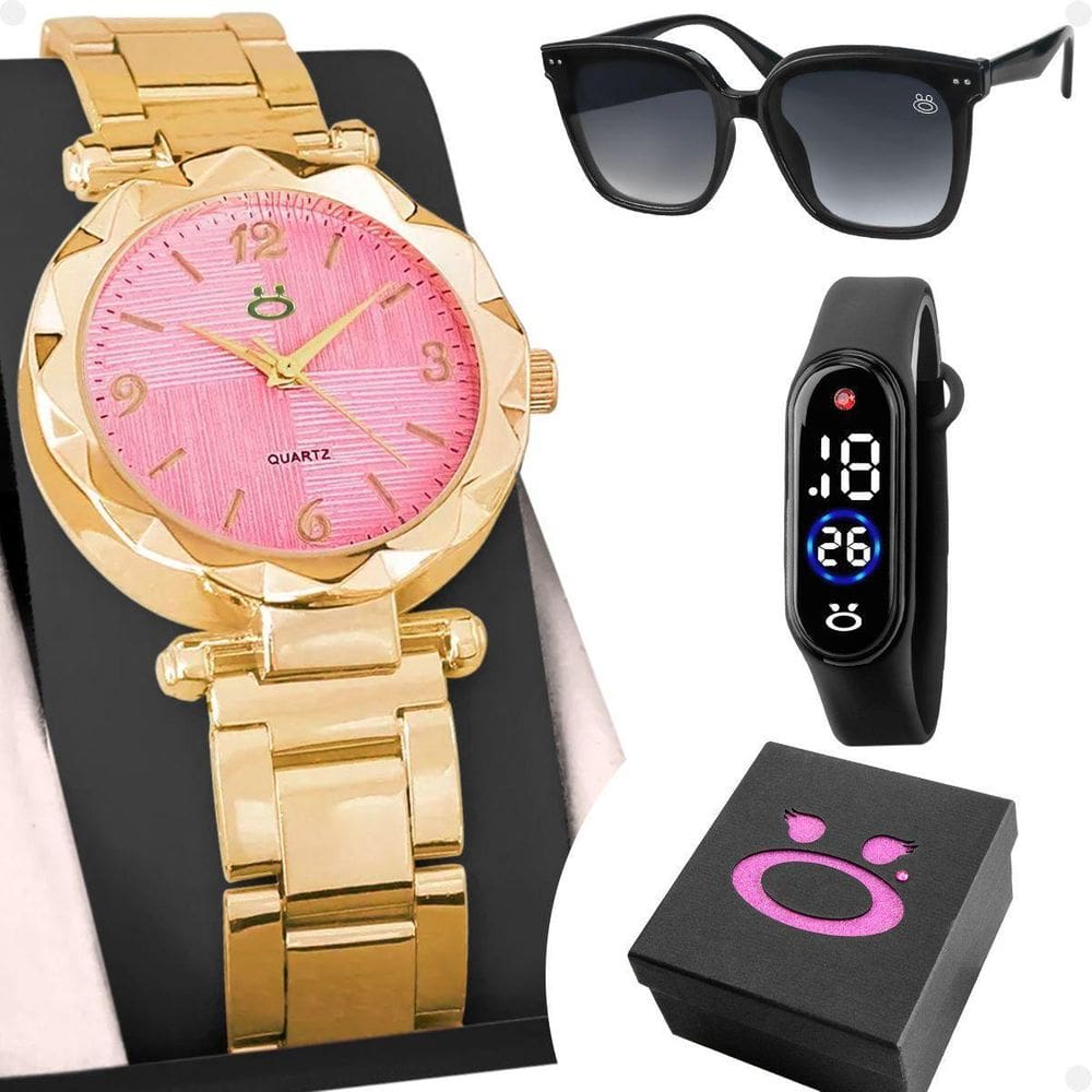 Relogio Feminino Rosa + Bracelete Digital Delicado Mostrador