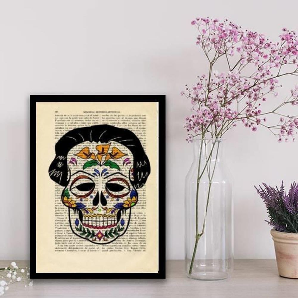 Quadro Caveira Mexicana Masculino 33X24Cm Com Vidro - Preta
