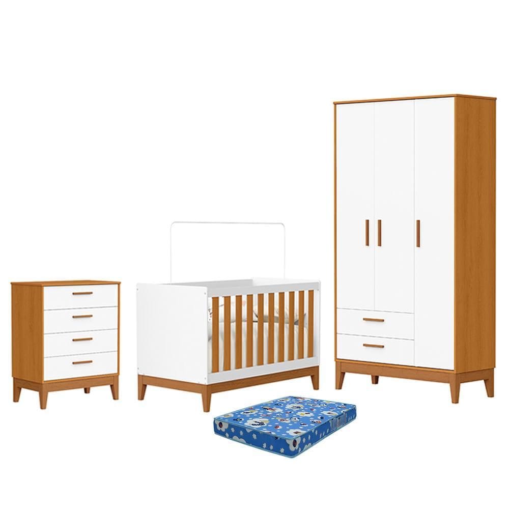 Dormitório Infantil Flip Guarda Roupa 3 Portas, Cômoda 4 Gavetas e Berço com Colchão Physical - Reller Móveis