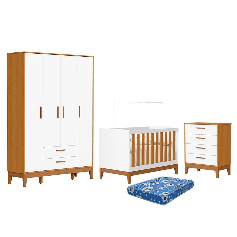 Dormitório Infantil Flip Guarda Roupa 4 Portas, Cômoda 4 Gavetas e Berço com Colchão Physical - Reller Móveis