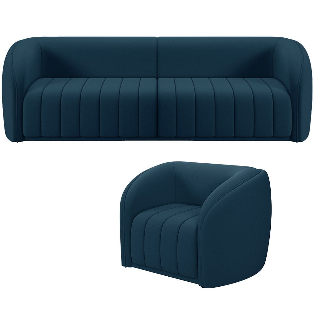 Kit Sofá 4 Lugares Para Sala 252cm com 01 Poltrona Lazio M03 Veludo Azul - Lyam Decor