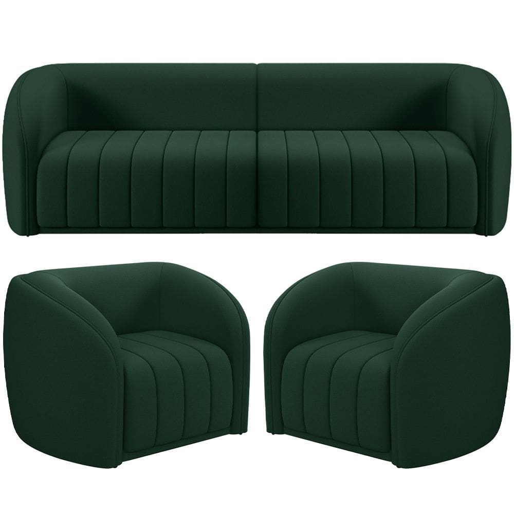 Kit Sofá 4 Lugares Para Sala 252cm com 02 Poltronas Lazio M03 Veludo Verde - Lyam Decor