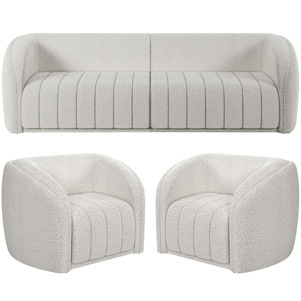 Kit Sofá 4 Lugares Para Sala 252cm com 02 Poltronas Lazio M03 Bouclê Branco - Lyam Decor