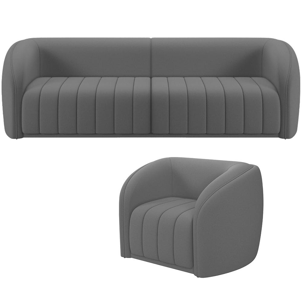 Kit Sofá 4 Lugares Para Sala 252cm com 01 Poltrona Lazio M03 Veludo Cinza - Lyam Decor