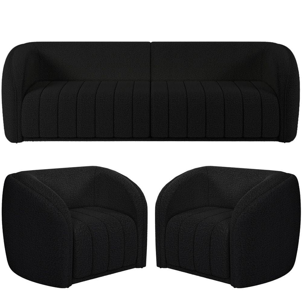 Kit Sofá 4 Lugares Para Sala 252cm com 02 Poltronas Lazio M03 Bouclê Preto - Lyam Decor