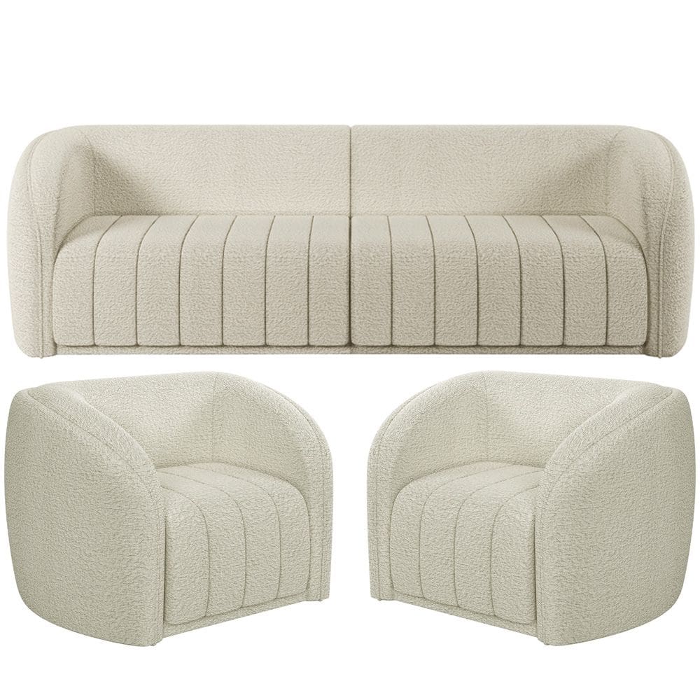 Kit Sofá 5 Lugares Para Sala 332cm com 02 Poltronas Lazio M03 Bouclê Bege Claro - Lyam Decor