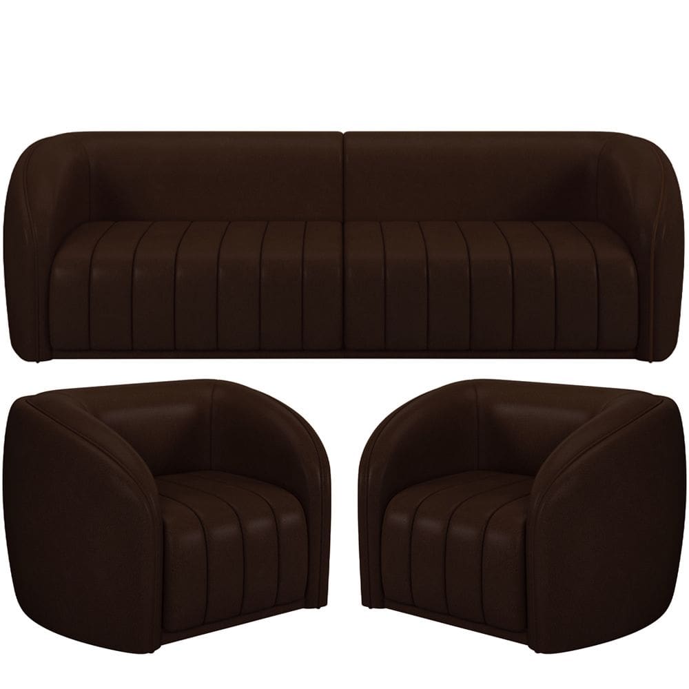 Kit Sofá 5 Lugares Para Sala 332cm com 02 Poltronas Lazio M03 Corano Marrom - Lyam Decor