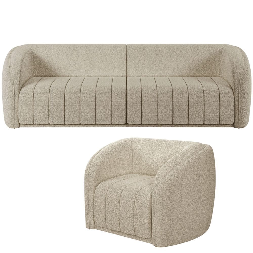 Kit Sofá 4 Lugares Para Sala 292cm com 01 Poltrona Lazio M03 Bouclê Bege - Lyam Decor
