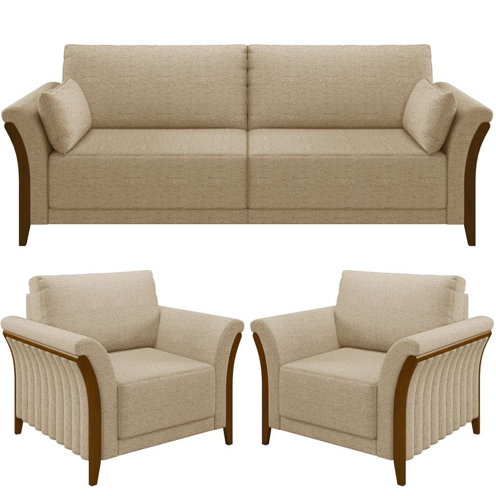 Kit Sofá 02 Lugares 162cm Com 02 Poltronas Stefan Pés Madeira M03 Linho Bege Escuro - Lyam Decor