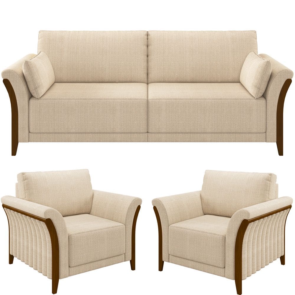 Kit Sofá 03 Lugares Sala Estar 222cm Com 02 Poltronas Stefan Pés Madeira M03 Linho Bege - Lyam Decor