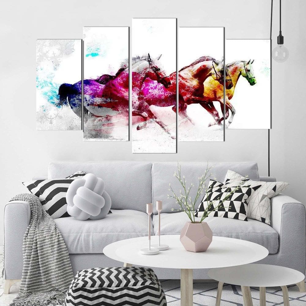 Quadro Decorativo Cavalo Branco Colorido Para Sala 5 Peças