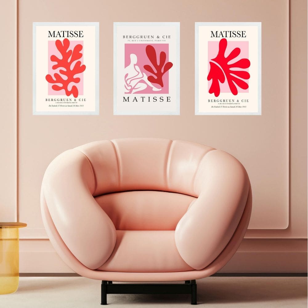 Kit 3 Quadros Rosa E Vermelho Matisse - Coral Mulher 33X24Cm