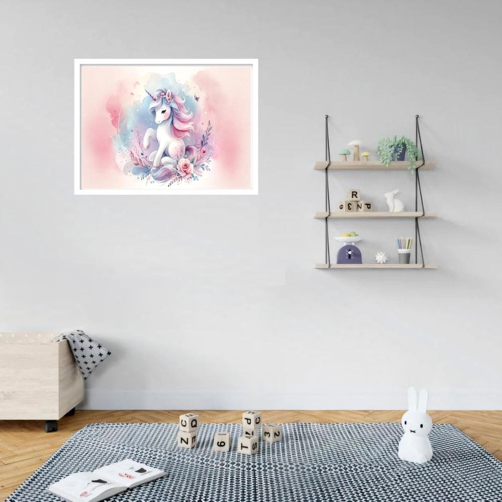 Quadro Decorativo Unicórnio Flores Rosa - 50X70Cm