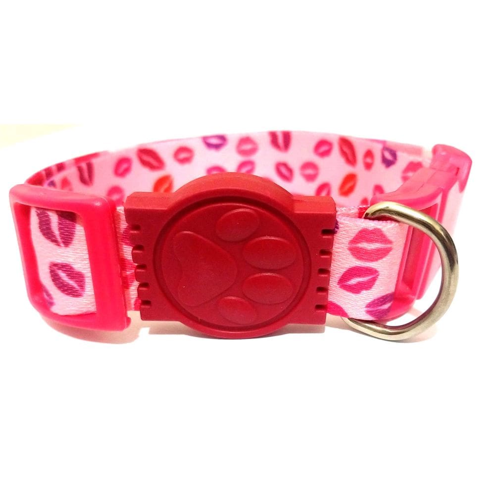 Coleira Seda 25mm rosa estampa de beijinhos 32cm49cm