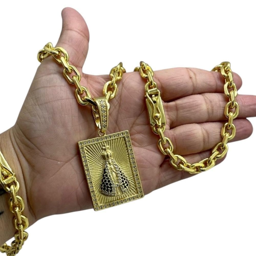 Kit Cadeado 8Mm + Pingente Nossa Senhora Banhado A Ouro