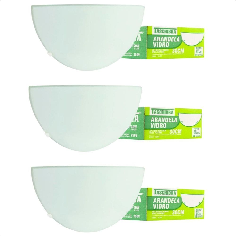 Kit 3 Arandelas Jurerê Vidro Meia Lua E27 Taschibra