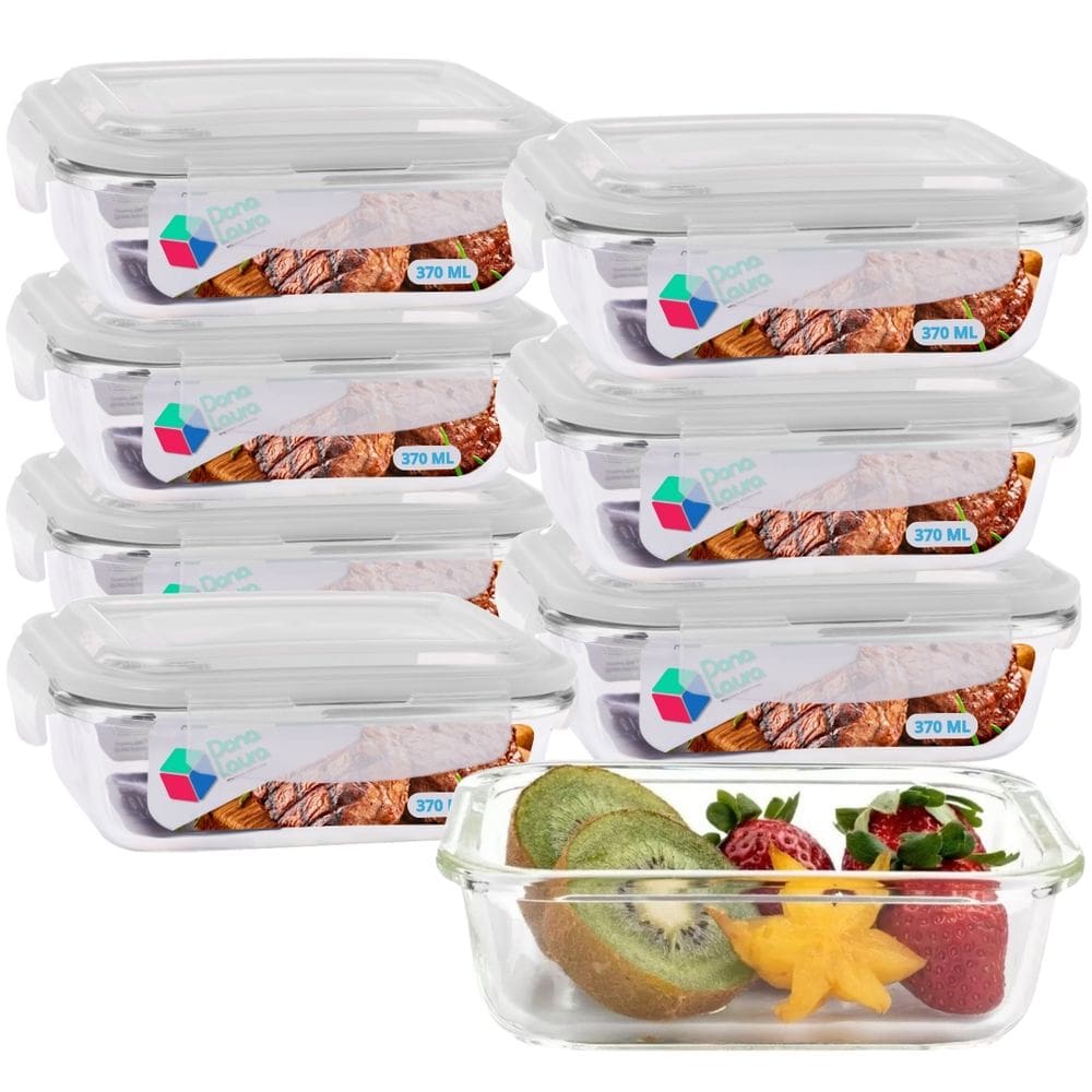 Kit 8 Potes De Vidro Retangular 370ml Marmita Fitness Frutas