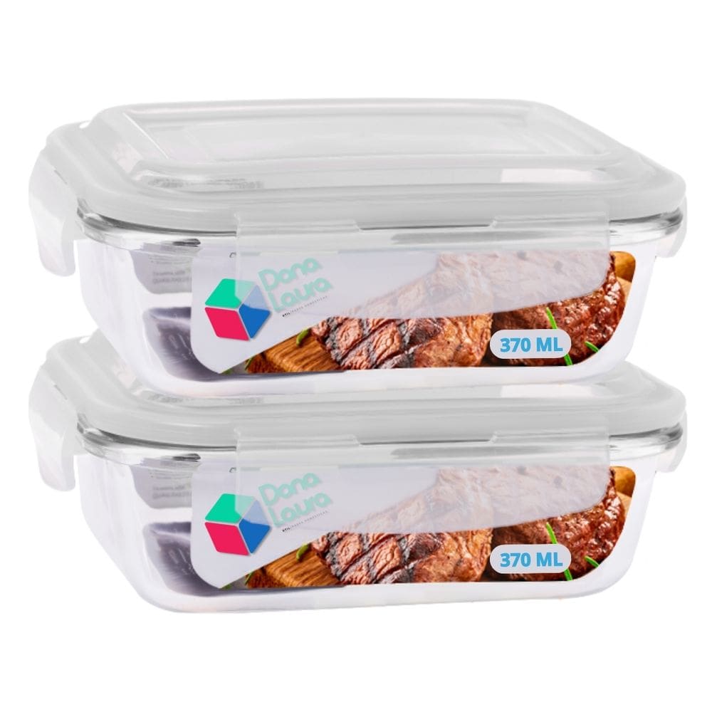 Kit 2 Potes De Vidro Retangular 370ml Marmita Fitness Frutas