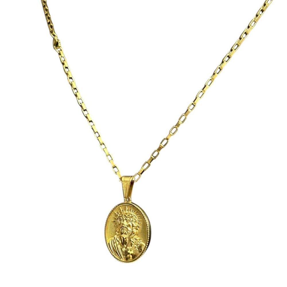 Cordão 3Mm Tijolinho + Pingente Cristo Placa Banhado A Ouro
