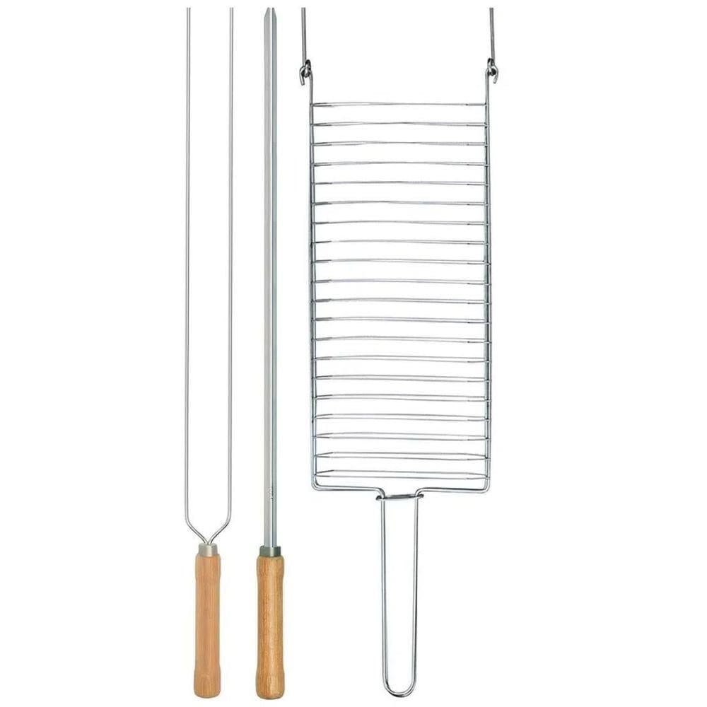 Kit Preparo Churrasco 3Pcs Churrasqueira Grelha Espetos 65Cm