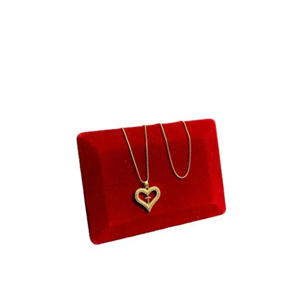 Cordão Feminino 1Mm Coração Cruz Cravejado - Banhado A Ouro