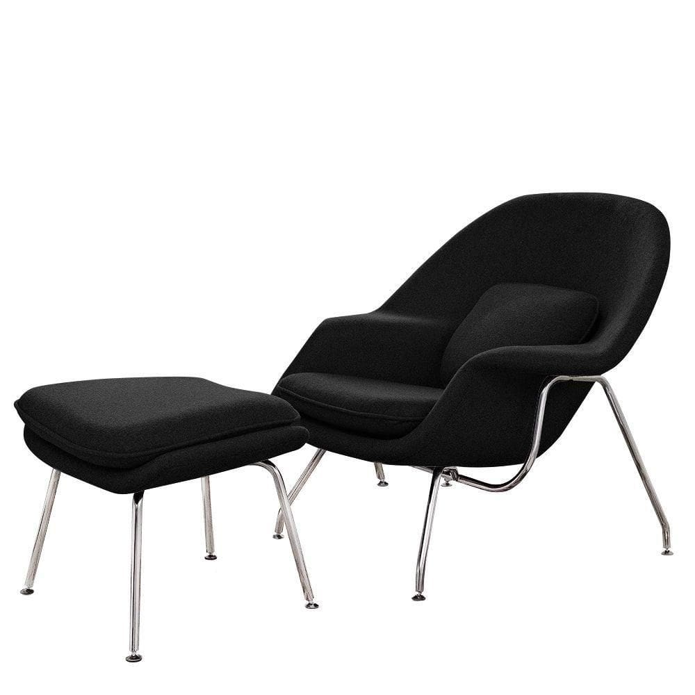 Poltrona Womb Chair Com Puff Cromada Linho Preto