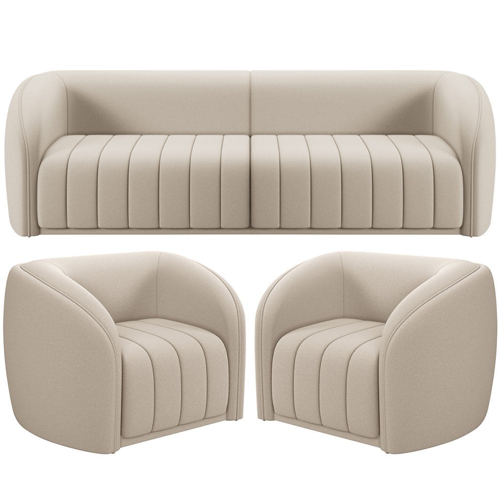 Kit Sofá 5 Lugares Para Sala 332cm com 02 Poltronas Lazio M03 Veludo Bege - Lyam Decor