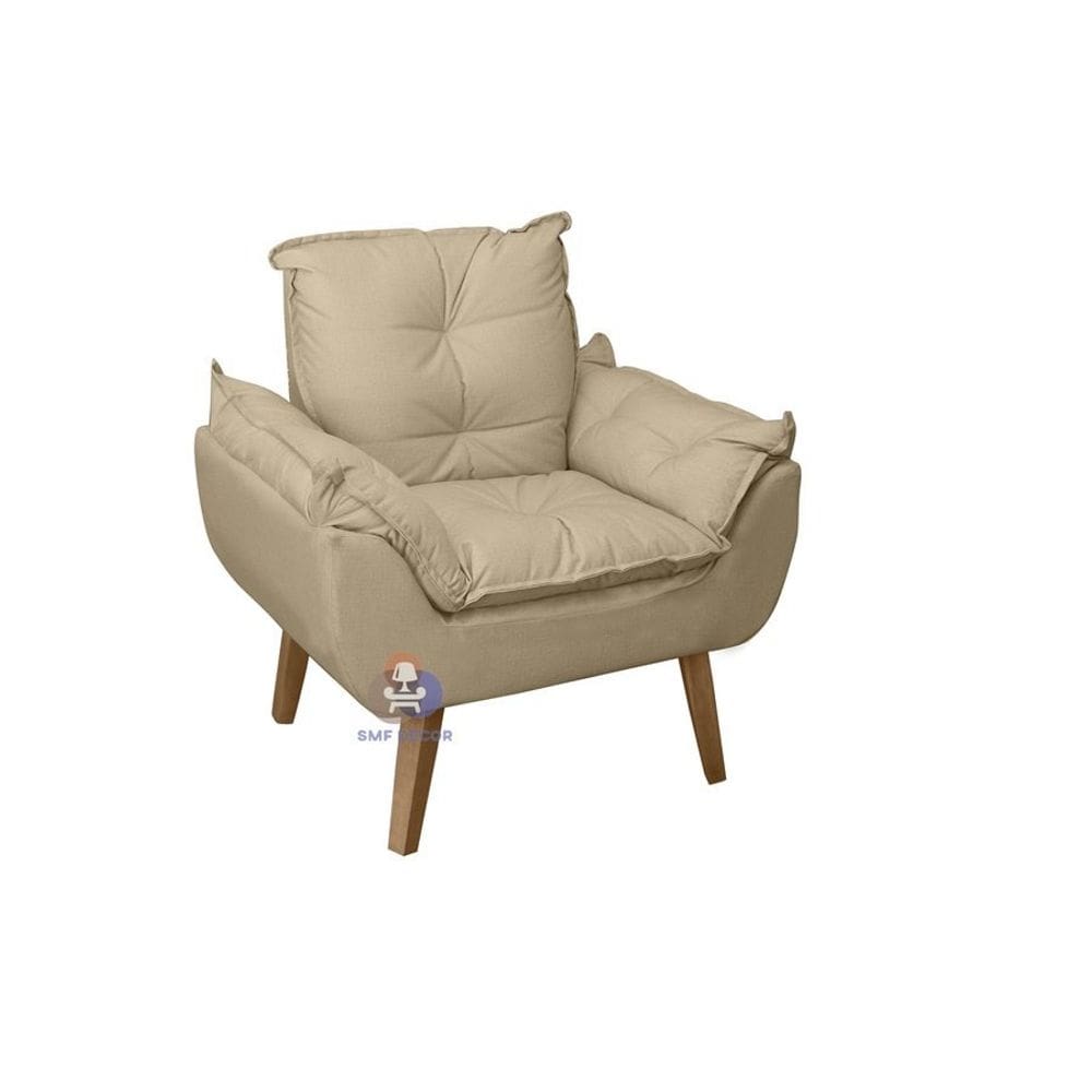 Poltrona/Cadeira Decorativa Glamour Bege Linho Com Pés Quadrado