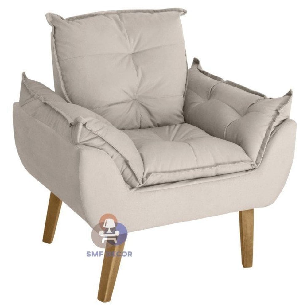Poltrona/Cadeira Decorativa Glamour Bege Com Pés Quadrado