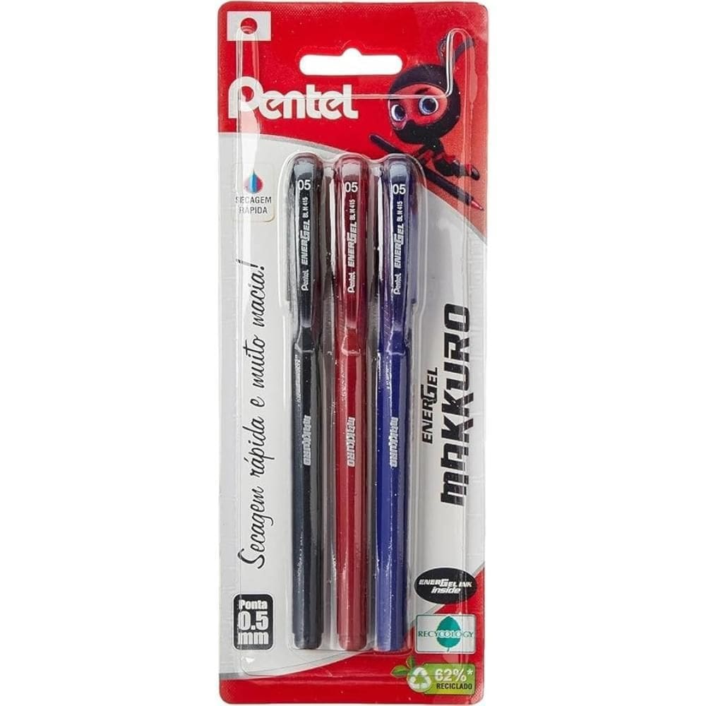 Caneta Gel Energel Pentel Makuro, 0.5Mm, Kit 3 Cores,