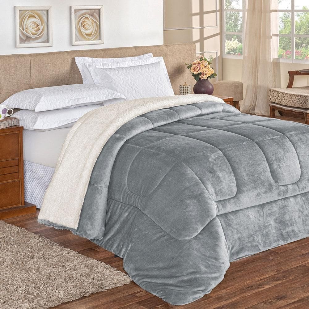 Coberdrom Apollo Queen Sherpa Pele Carneiro Flannel Cinza