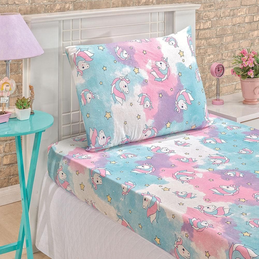 Jogo Lençol Solteiro Diverkids 2 Peças Unicórnio Rosa/Azul