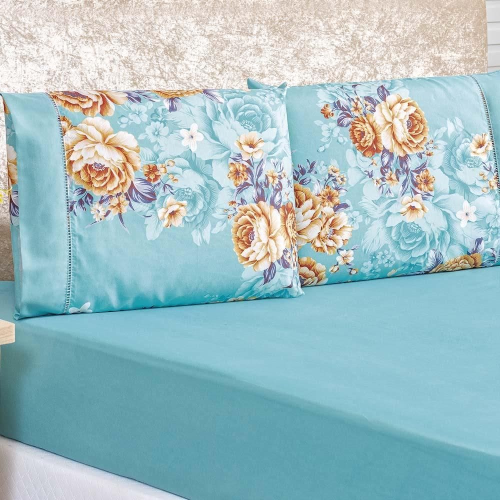 Jogo Cama Lençol Diamond Queen 200 Fios 3 Pçs Azul Turquesa