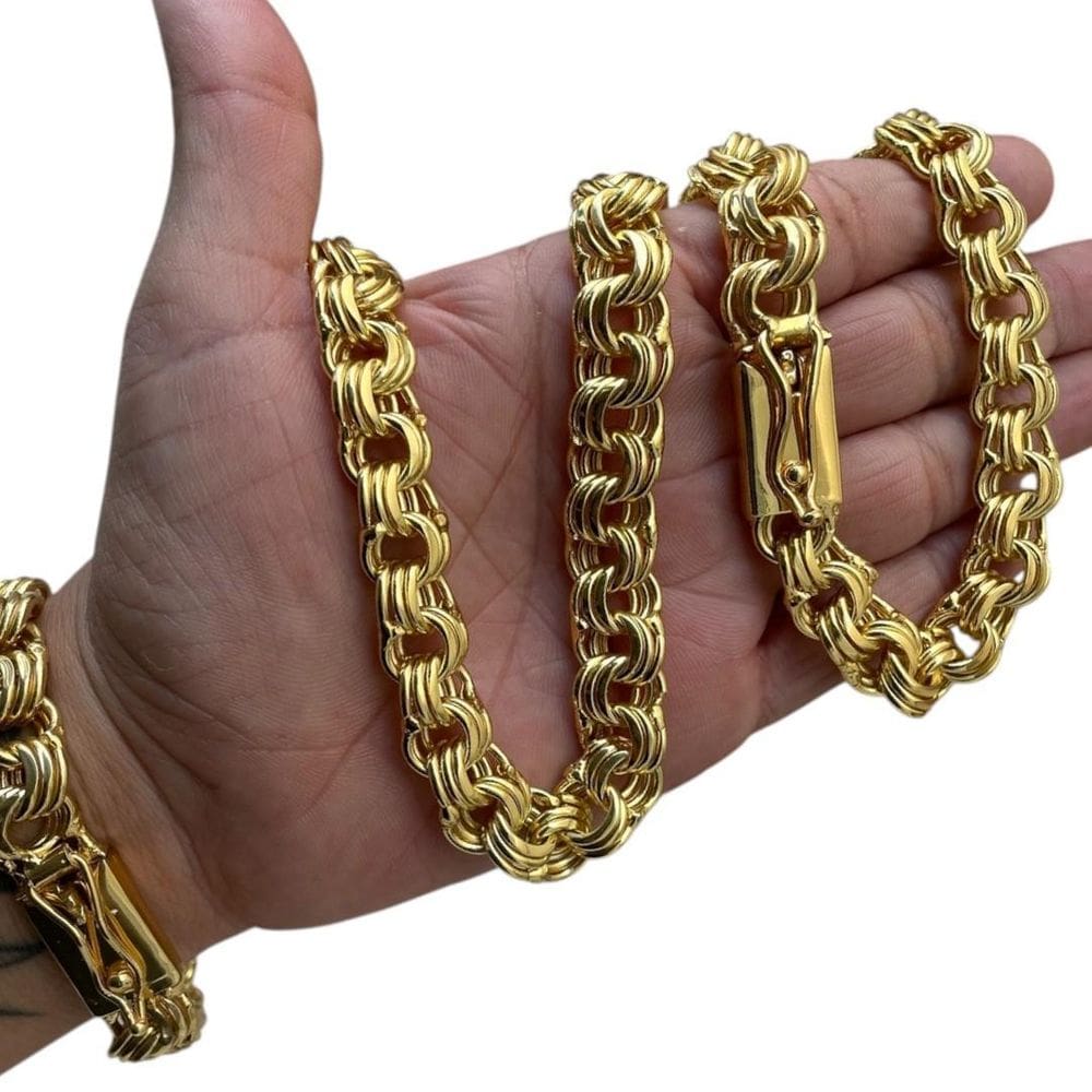 Kit Friso Triplo 12Mm Corrente + Pulseira Banhado A Ouro