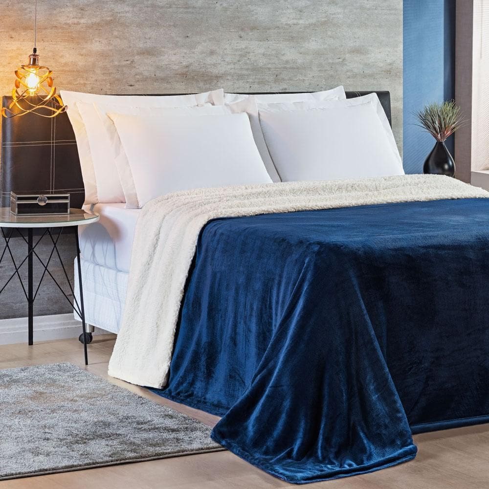 Cobertor Fênix Queen Sherpa Pele Carneiro Mantinha - Marinho