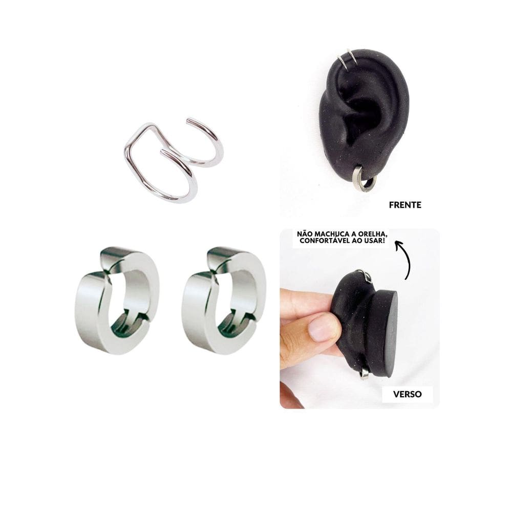 Kit Brinco Argola Pressão Prata Piercing Cartilagem Encaixe