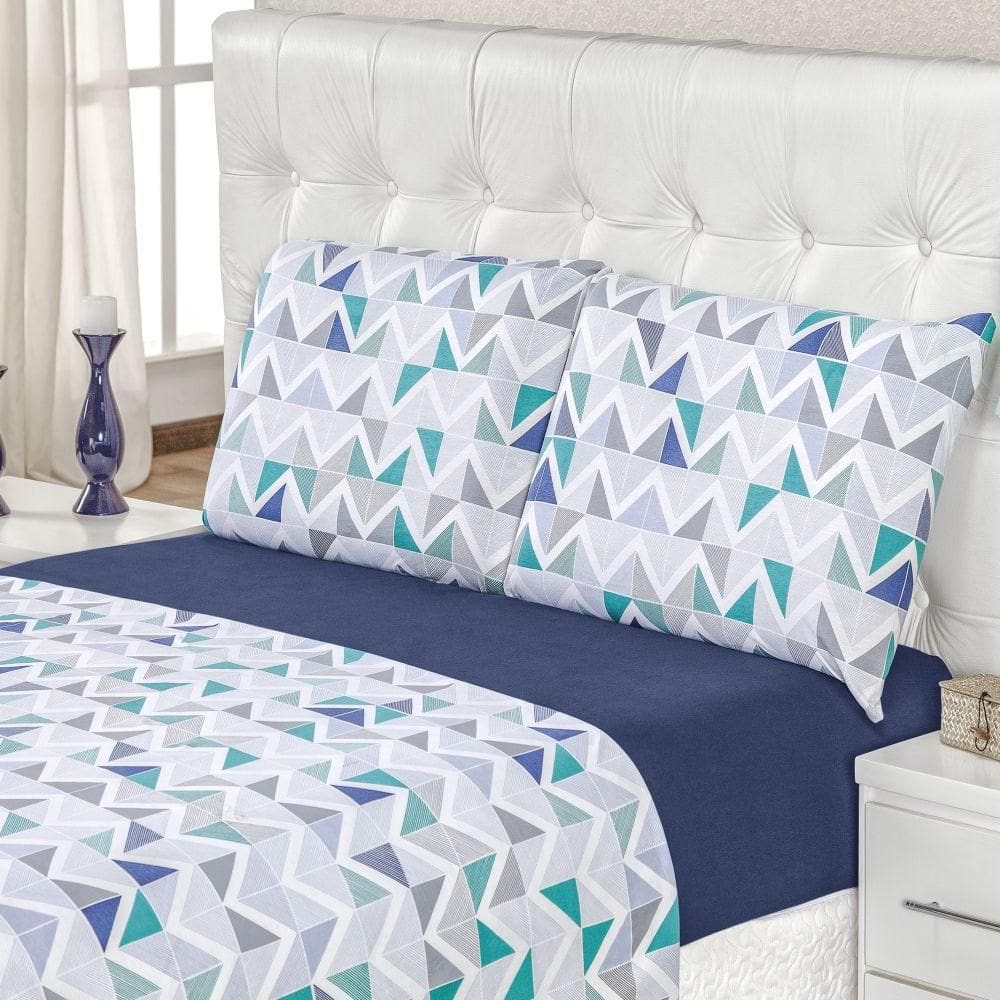 Jogo Lençol Queen Em Malha 100% Algodão 4 Peças Geométrico