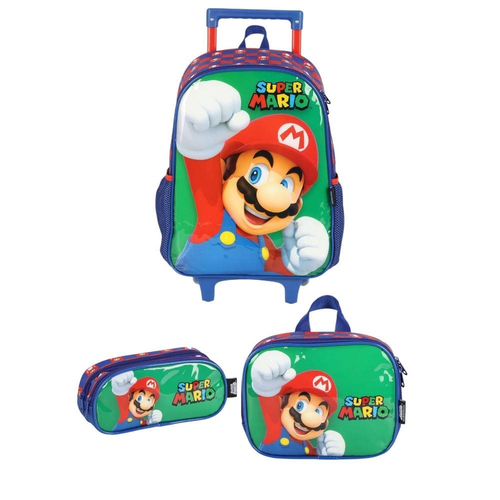 Kit Mochila Rodinha Super Mario + Estojo Duplo + Lancheira