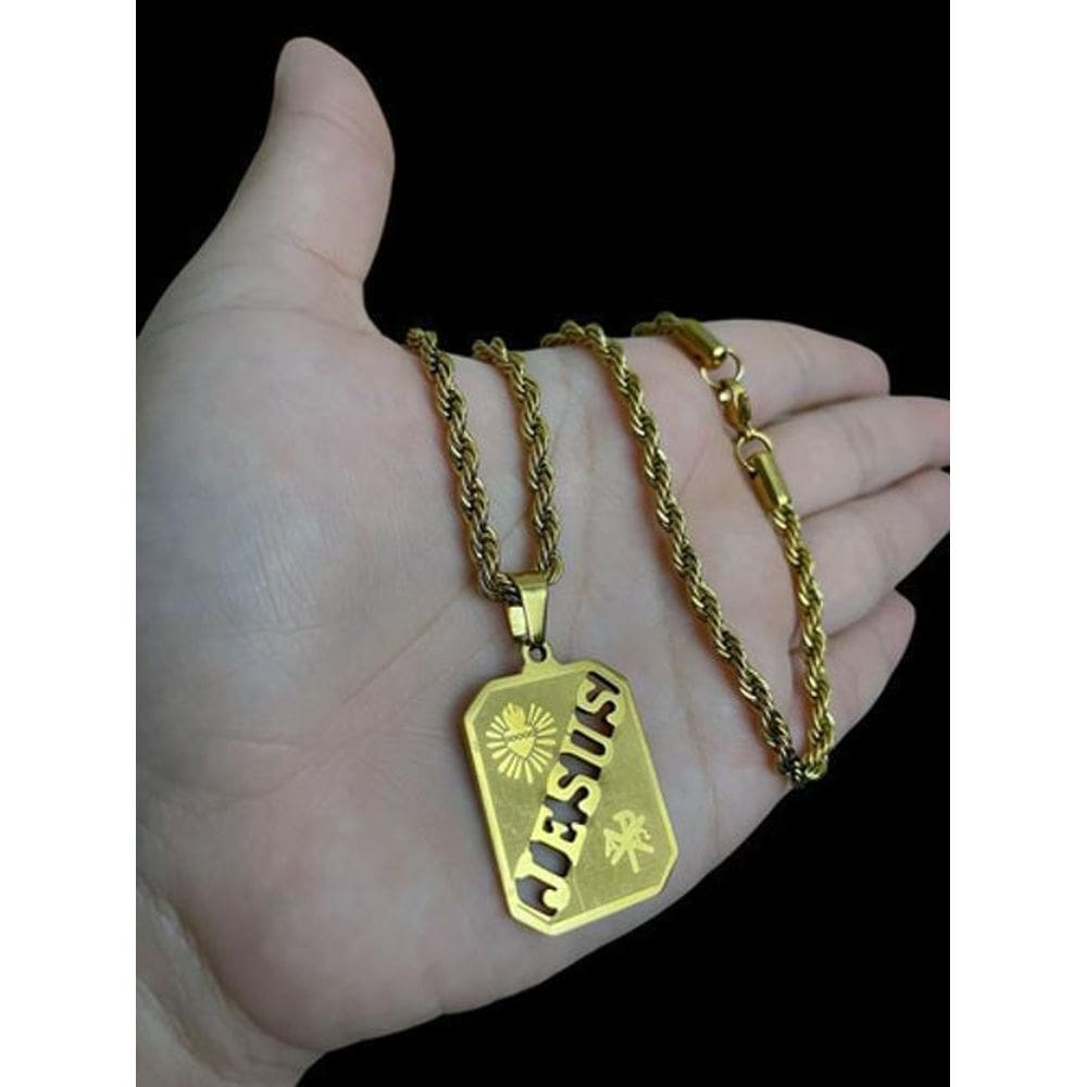 Cordão Baiano 5Mm + Pingente Placa Jesus Banhado A Ouro 18K
