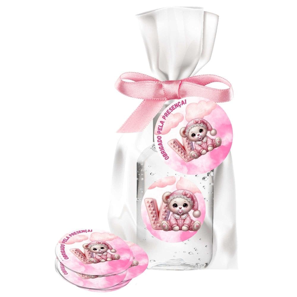 Kit 25 Lembrancinhas Alcool Gel Ursinha Rosa Letra V