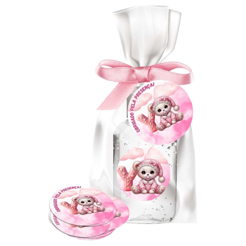 Kit 25 Lembrancinhas Alcool Gel Ursinha Rosa Letra Y