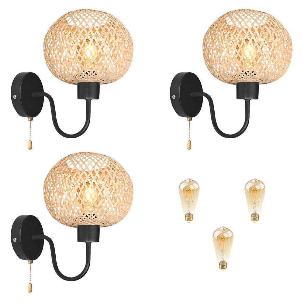 Kit 3 Luminária Arandela Bambu Fibra Natural Rustico Nat91 +