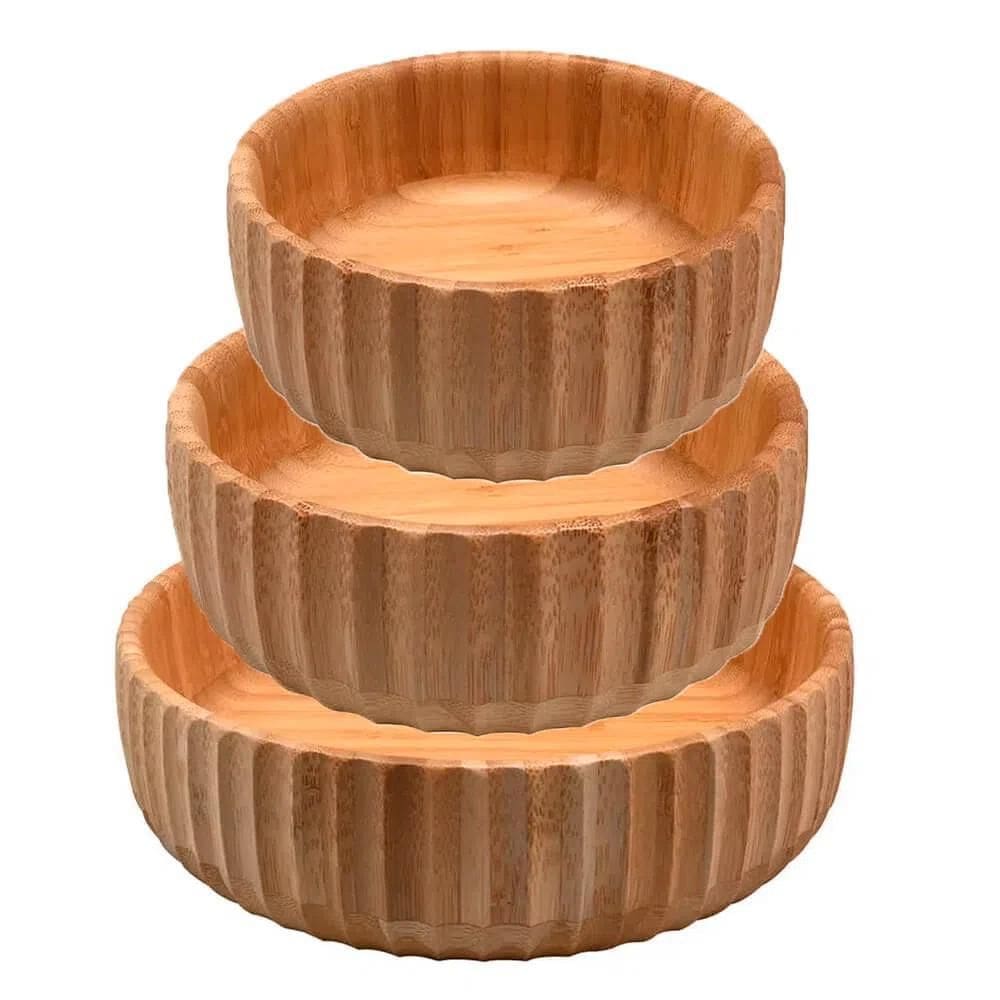 Bowl Canelado De Bambu Kit C 3 Pequeno Médio Grande